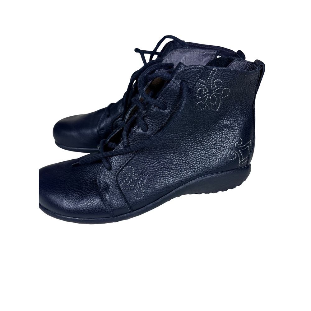 Naot Manga Women 38 Ankle Boots Navy Blue Leather Lace Up Side Zip Floral Boho